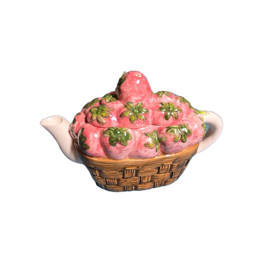 Vintage Wang's International Strawberry Ceramic Teapot Wicker Picnic Basket Pot
